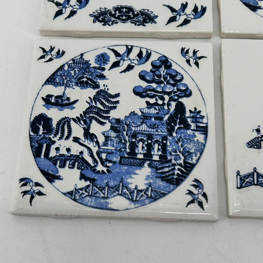 Vintage Blue Willow Ceramic Tiles Set of 4 Pagoda Scene Blue White 4.25 Inch